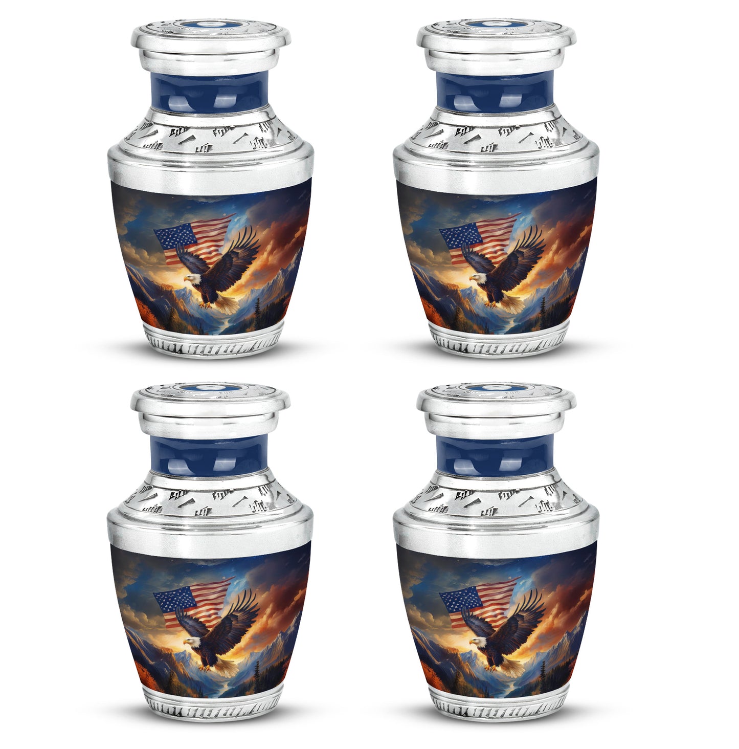 Vivid Blue Eagle Cremation Urn back view with polished surface - stylized abstract eagle pattern with bold lines - 10 inch aluminum urn for cremated remains