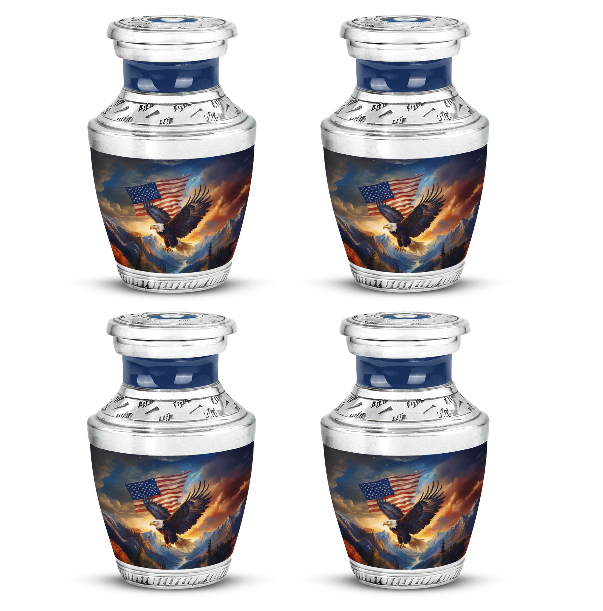 Vivid Blue Eagle Cremation Urn back view with polished surface - stylized abstract eagle pattern with bold lines - 10 inch aluminum urn for cremated remains