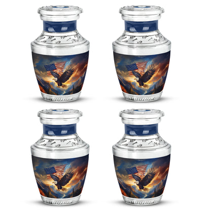 Vivid Blue Eagle Cremation Urn back view with polished surface - stylized abstract eagle pattern with bold lines - 10 inch aluminum urn for cremated remains