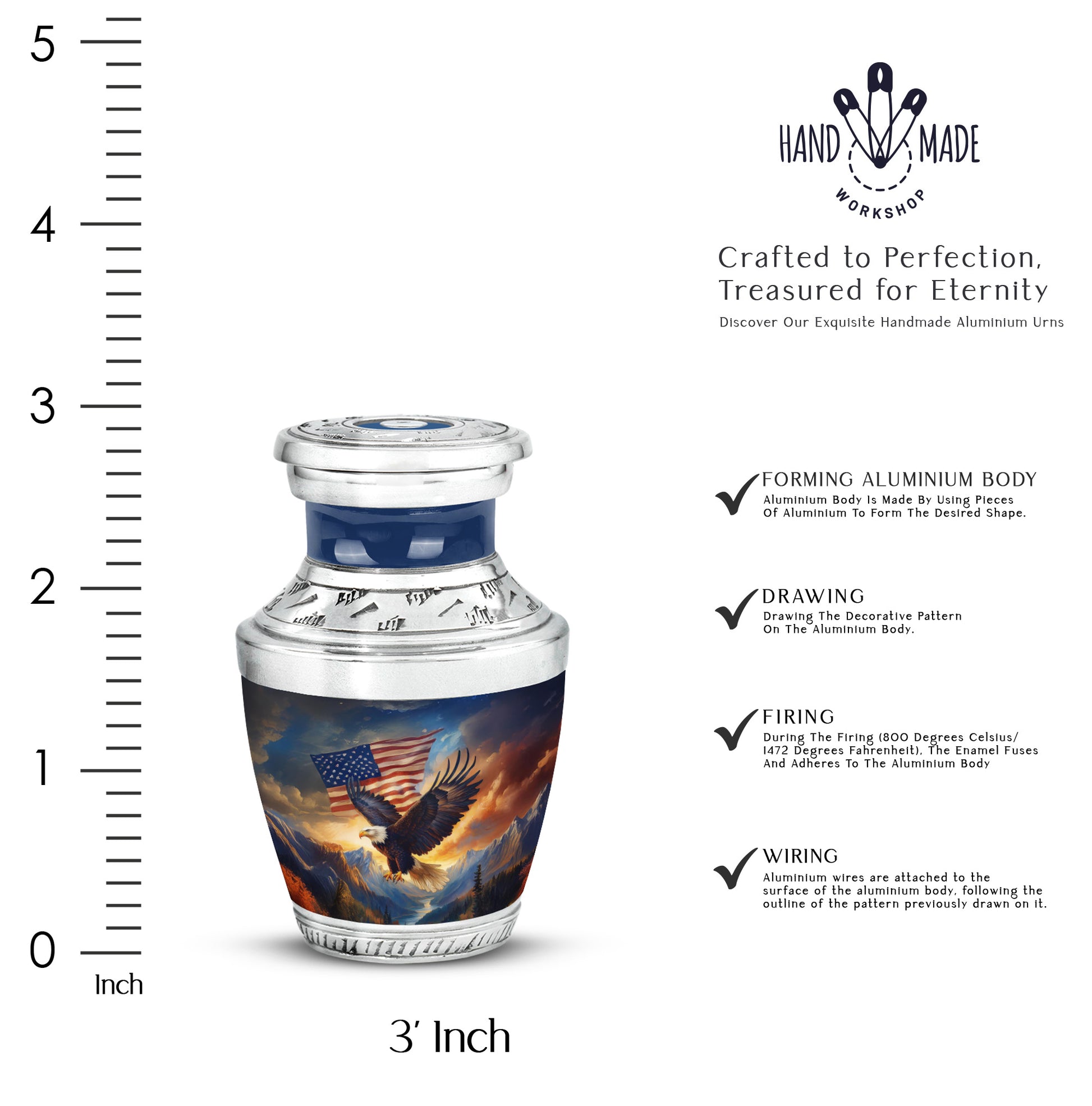 Sapphire Blue Eagle Cremation Urn top-down view of secure threaded lid - stylized abstract eagle pattern with bold lines - mini keepsake memorial for portion of cremation ashes
