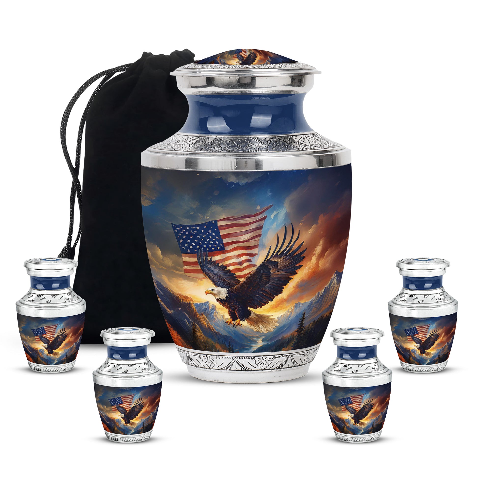 Soft Blue Eagle Cremation Urn lifestyle display on memorial shelf - stylized abstract eagle pattern with bold lines - memorial set with one large and four small urns