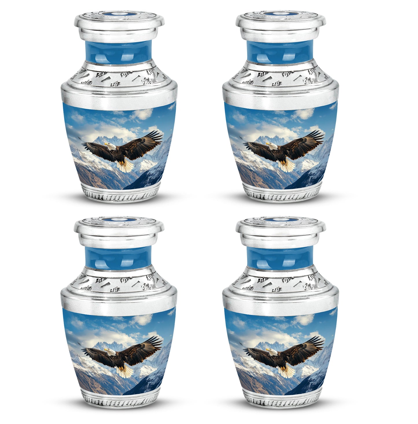 Cornflower Blue Eagle Cremation Urn back view with polished surface - stylized abstract eagle pattern with bold lines - 10 inch aluminum urn for cremated remains