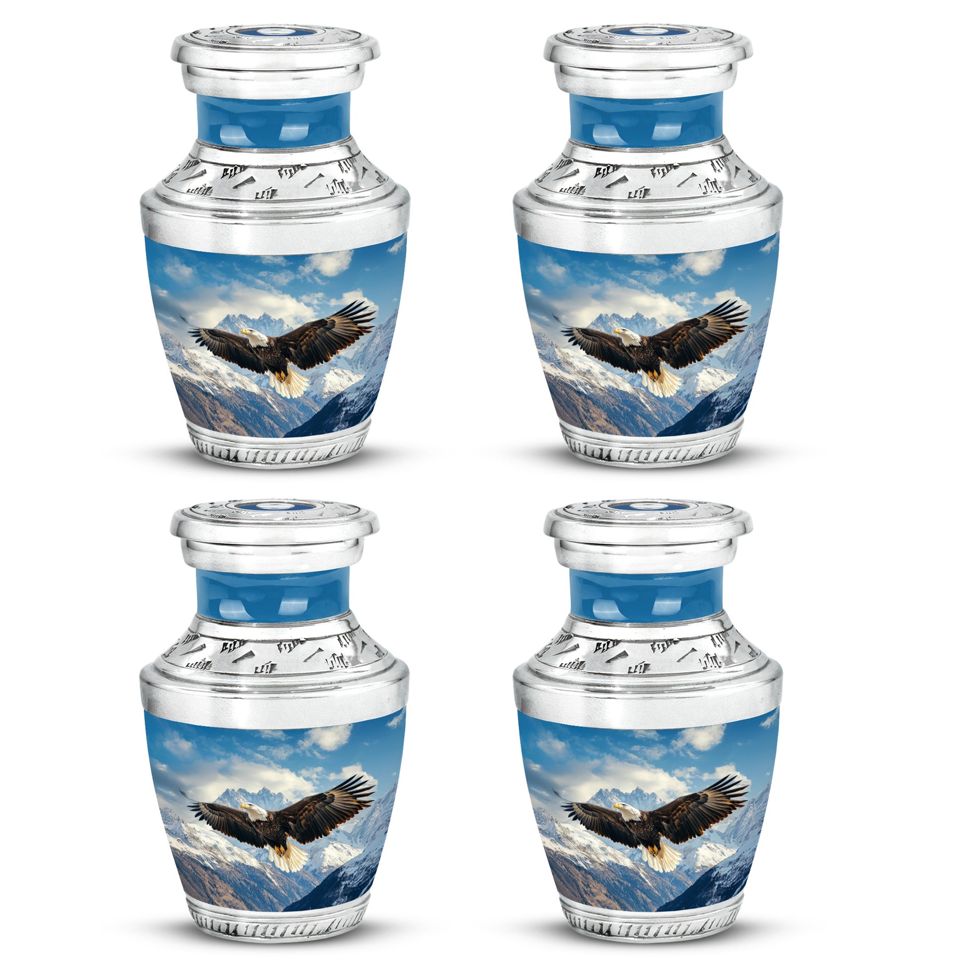 Cornflower Blue Eagle Cremation Urn back view with polished surface - stylized abstract eagle pattern with bold lines - 10 inch aluminum urn for cremated remains