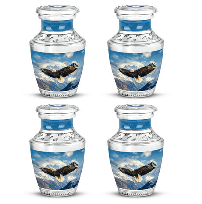 Cornflower Blue Eagle Cremation Urn back view with polished surface - stylized abstract eagle pattern with bold lines - 10 inch aluminum urn for cremated remains