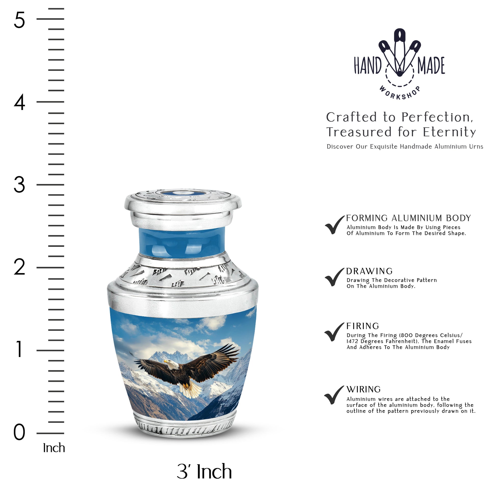 Pastel Blue Eagle Cremation Urn top-down view of secure threaded lid - contemporary eagle design with modern artistic flair - mini keepsake memorial for portion of cremation ashes