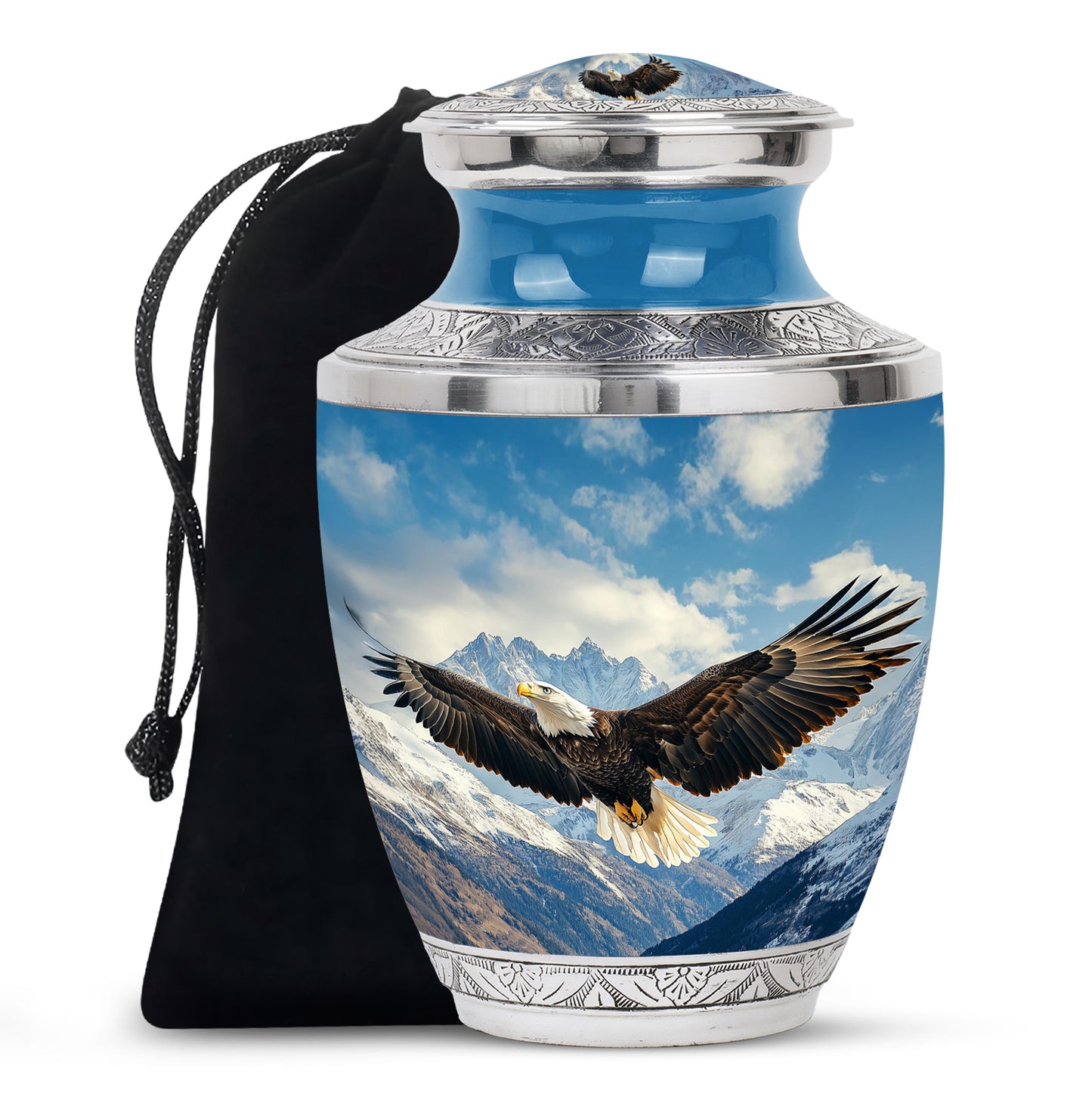 Calming Blue Eagle Cremation Urn side profile showing urn shape - artistic eagle interpretation with creative detail - full-size 10 inch 200 cubic inch adult cremation urn