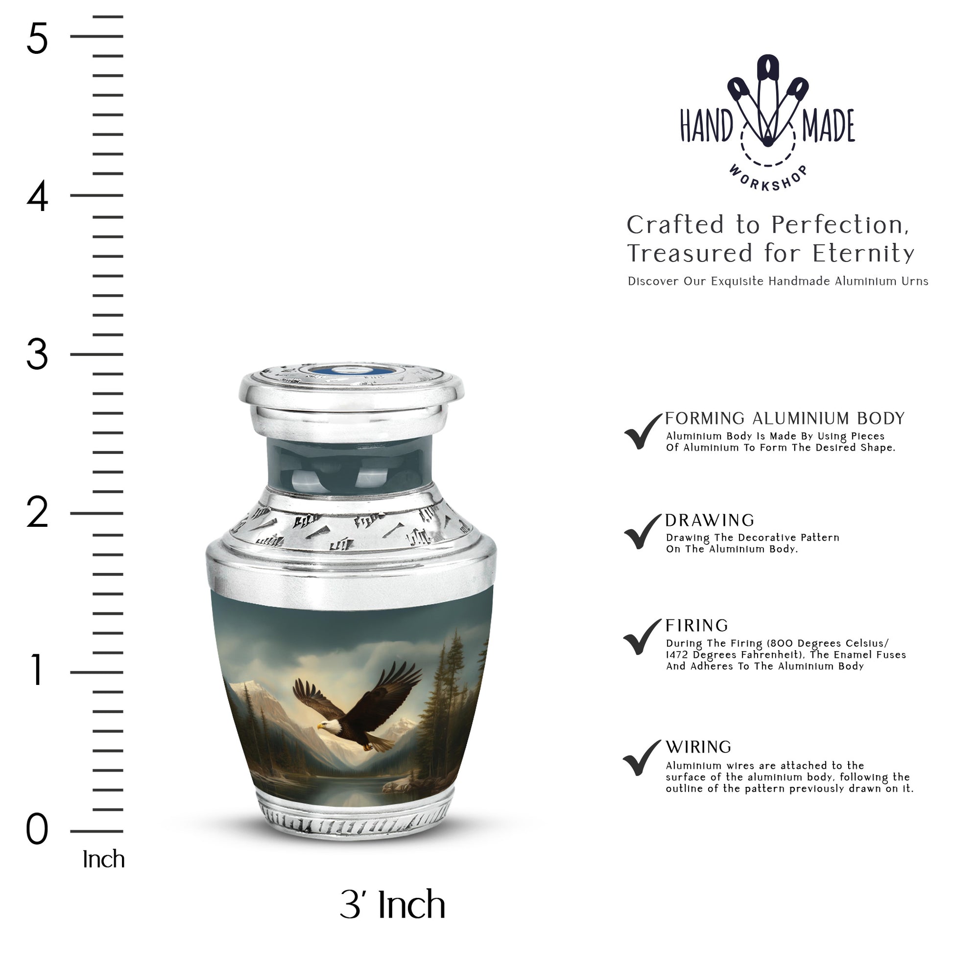 Deep Black Eagle Cremation Urn top-down view of secure threaded lid - modern art-inspired eagle motif on sleek aluminum - mini keepsake memorial for portion of cremation ashes