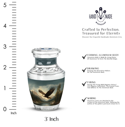 Deep Black Eagle Cremation Urn top-down view of secure threaded lid - modern art-inspired eagle motif on sleek aluminum - mini keepsake memorial for portion of cremation ashes