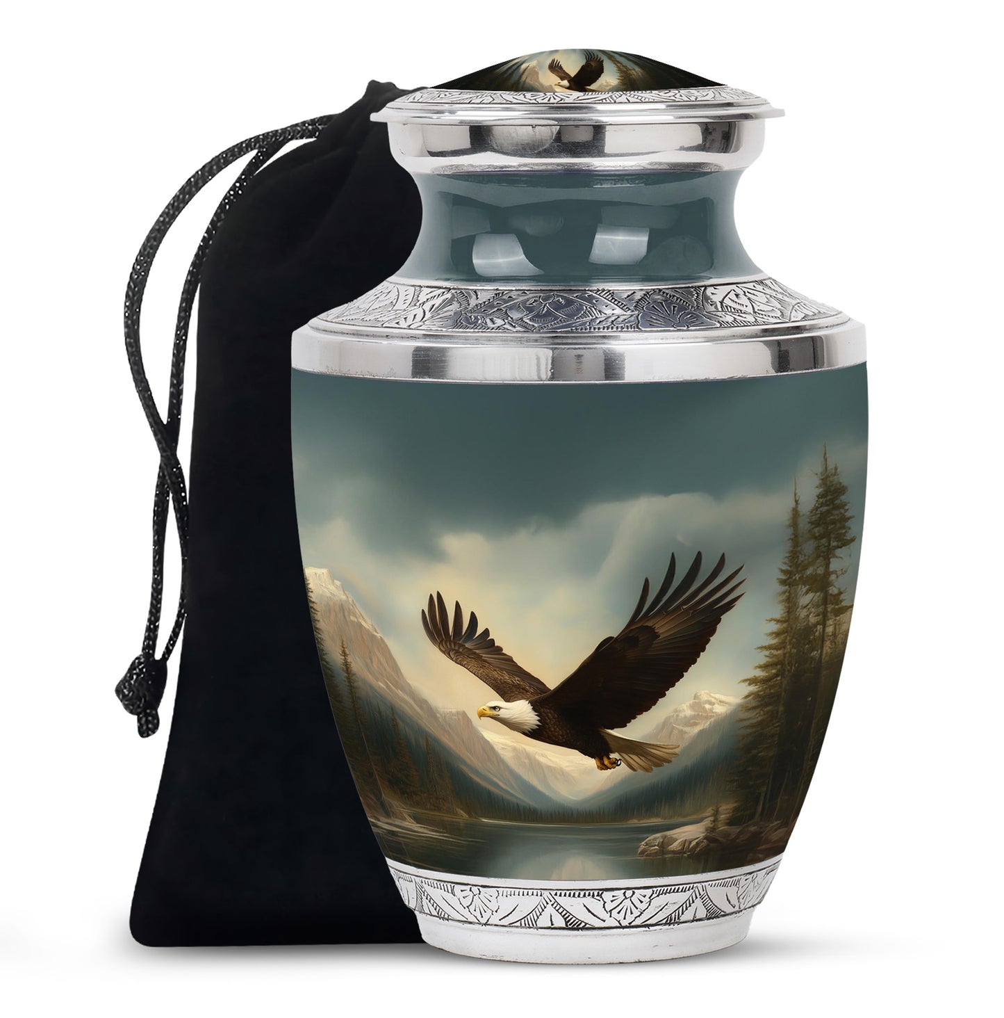 Glossy Black Eagle Cremation Urn side profile showing urn shape - modern art-inspired eagle motif on sleek aluminum - full-size 10 inch 200 cubic inch adult cremation urn