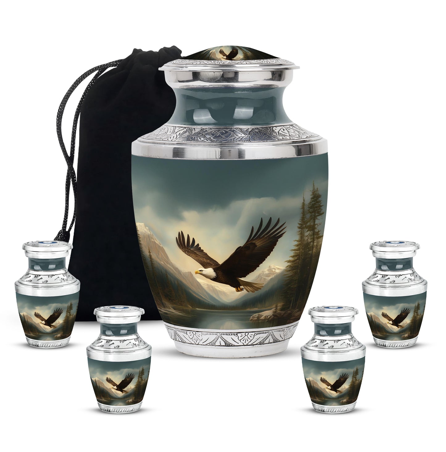 Obsidian Black Eagle Cremation Urn lifestyle display on memorial shelf - stylized abstract eagle pattern with bold lines - memorial set with one large and four small urns