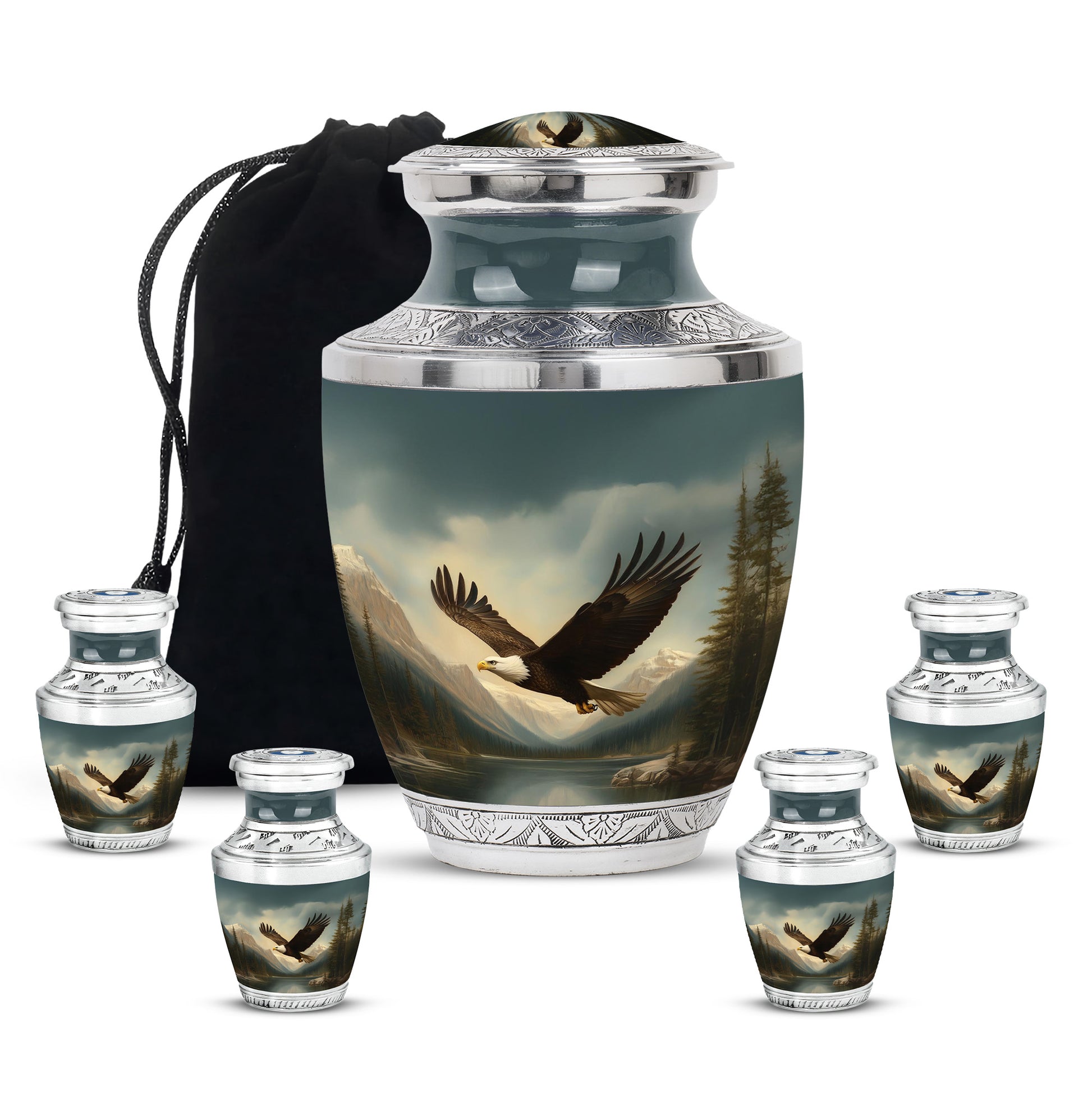 Obsidian Black Eagle Cremation Urn lifestyle display on memorial shelf - stylized abstract eagle pattern with bold lines - memorial set with one large and four small urns