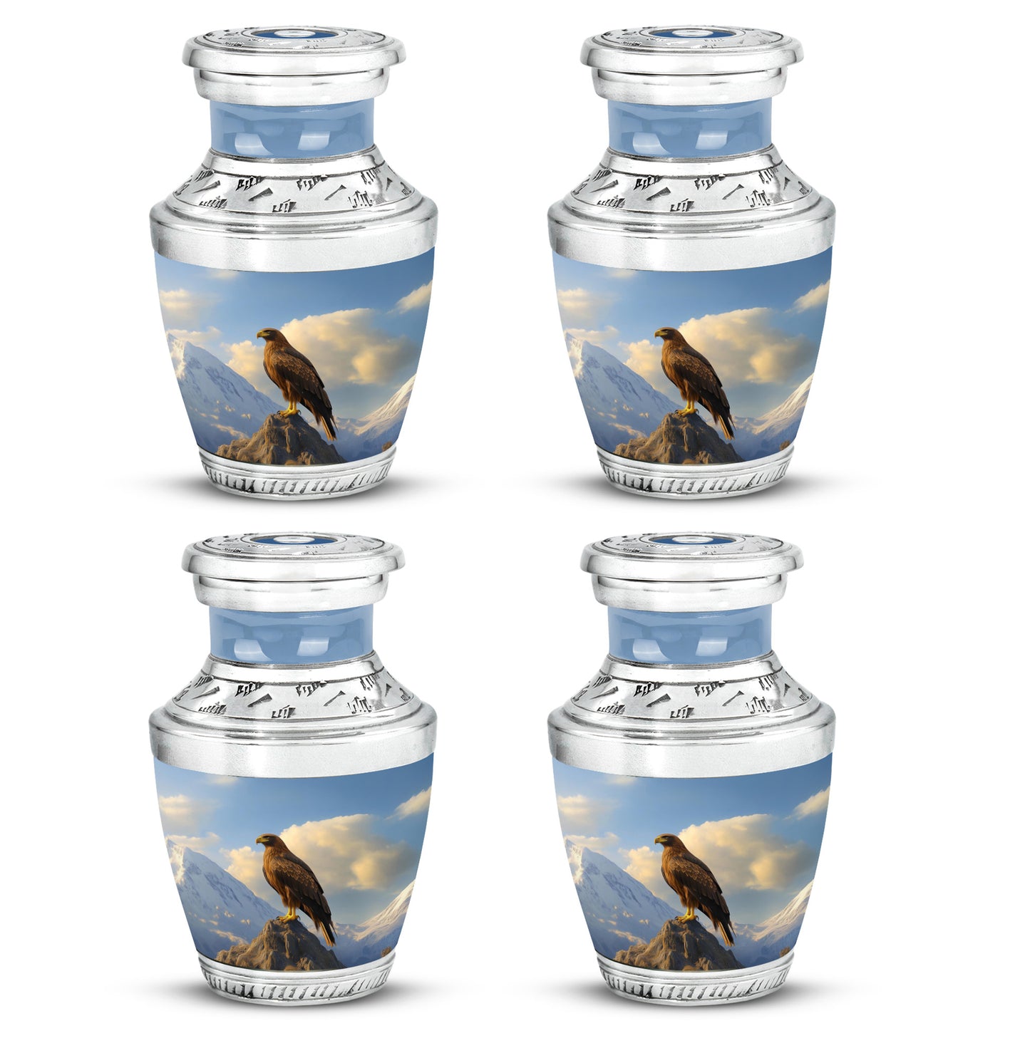 Slate Blue Eagle Cremation Urn back view with polished surface - modern art-inspired eagle motif on sleek aluminum - 10 inch aluminum urn for cremated remains