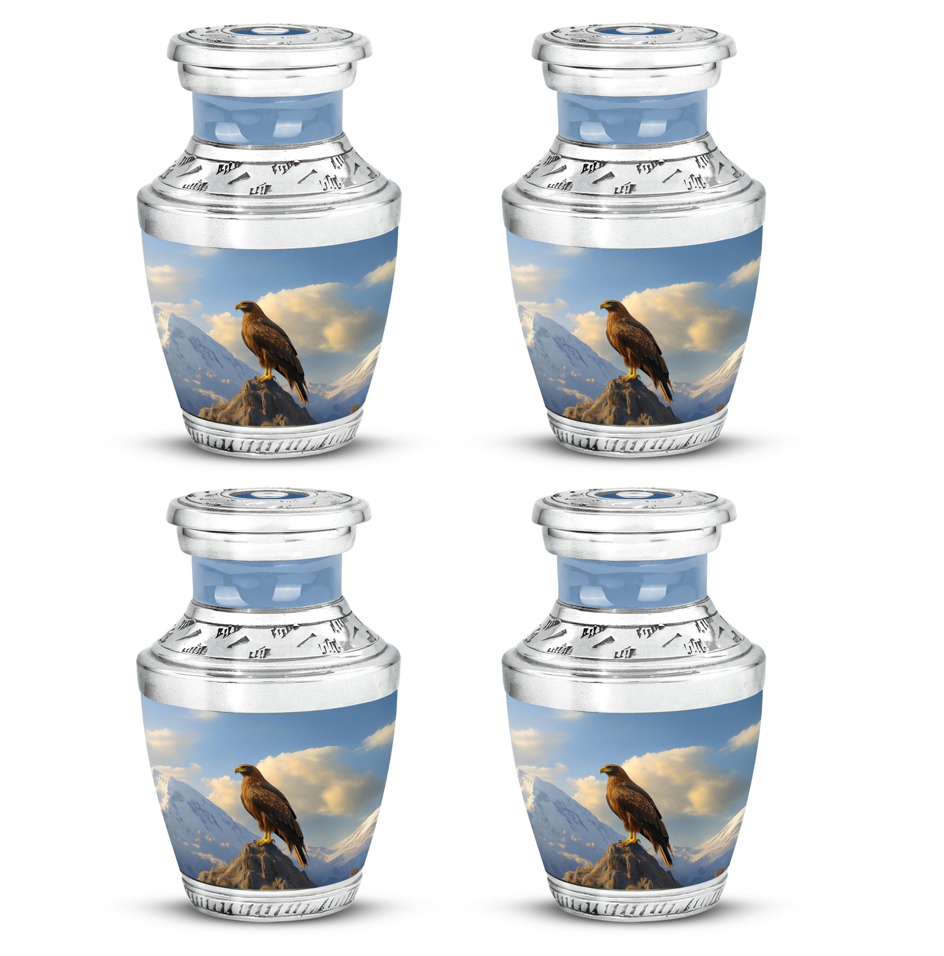 Slate Blue Eagle Cremation Urn back view with polished surface - modern art-inspired eagle motif on sleek aluminum - 10 inch aluminum urn for cremated remains