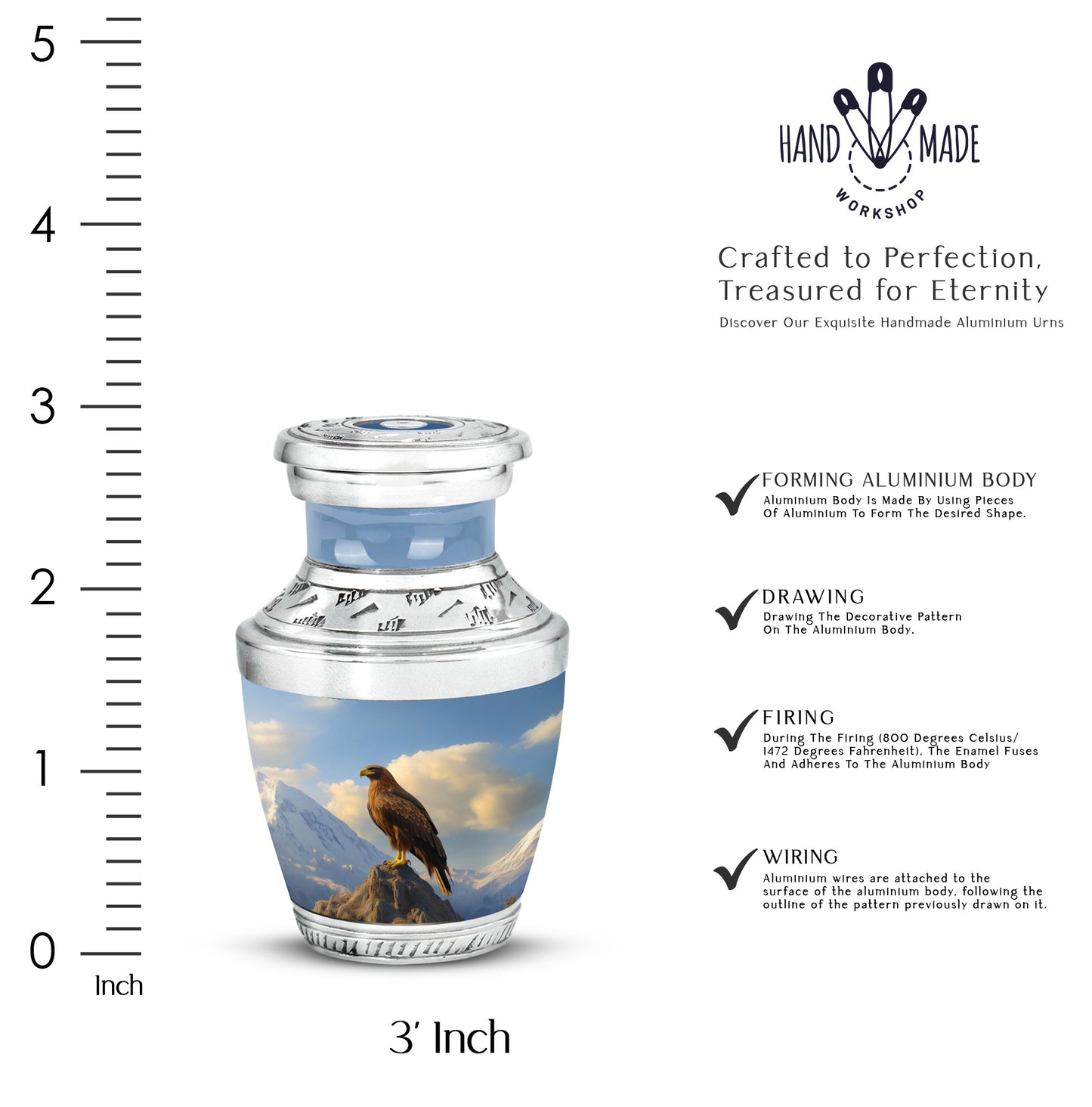 Dusty Blue Eagle Cremation Urn top-down view of secure threaded lid - contemporary eagle design with modern artistic flair - mini keepsake memorial for portion of cremation ashes