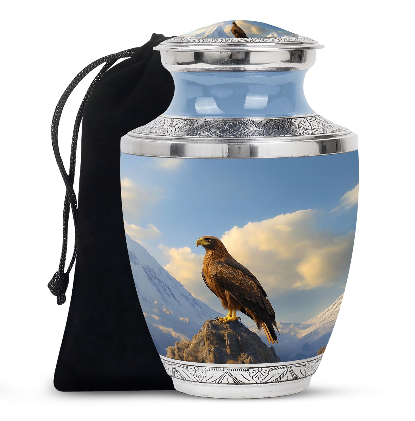 Serene Blue Eagle Cremation Urn side profile showing urn shape - stylized abstract eagle pattern with bold lines - full-size 10 inch 200 cubic inch adult cremation urn