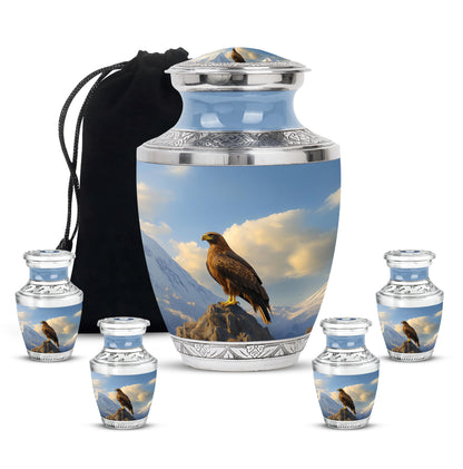 Cobalt Blue Eagle Cremation Urn lifestyle display on memorial shelf - stylized abstract eagle pattern with bold lines - memorial set with one large and four small urns