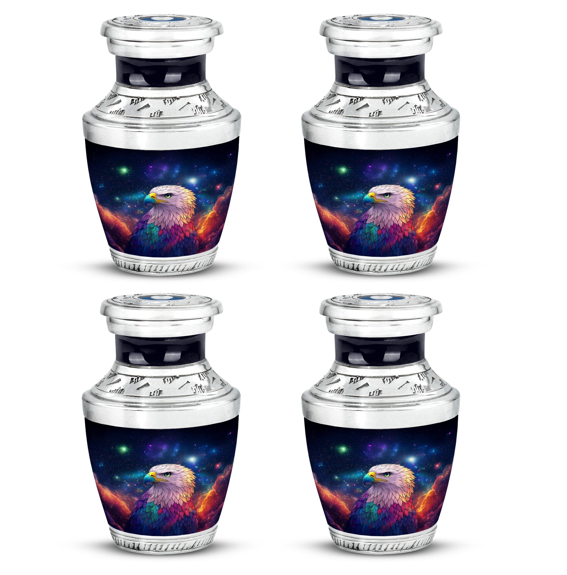 Azure Eagle Cremation Urn back view with polished surface - modern art-inspired eagle motif on sleek aluminum - 10 inch aluminum urn for cremated remains