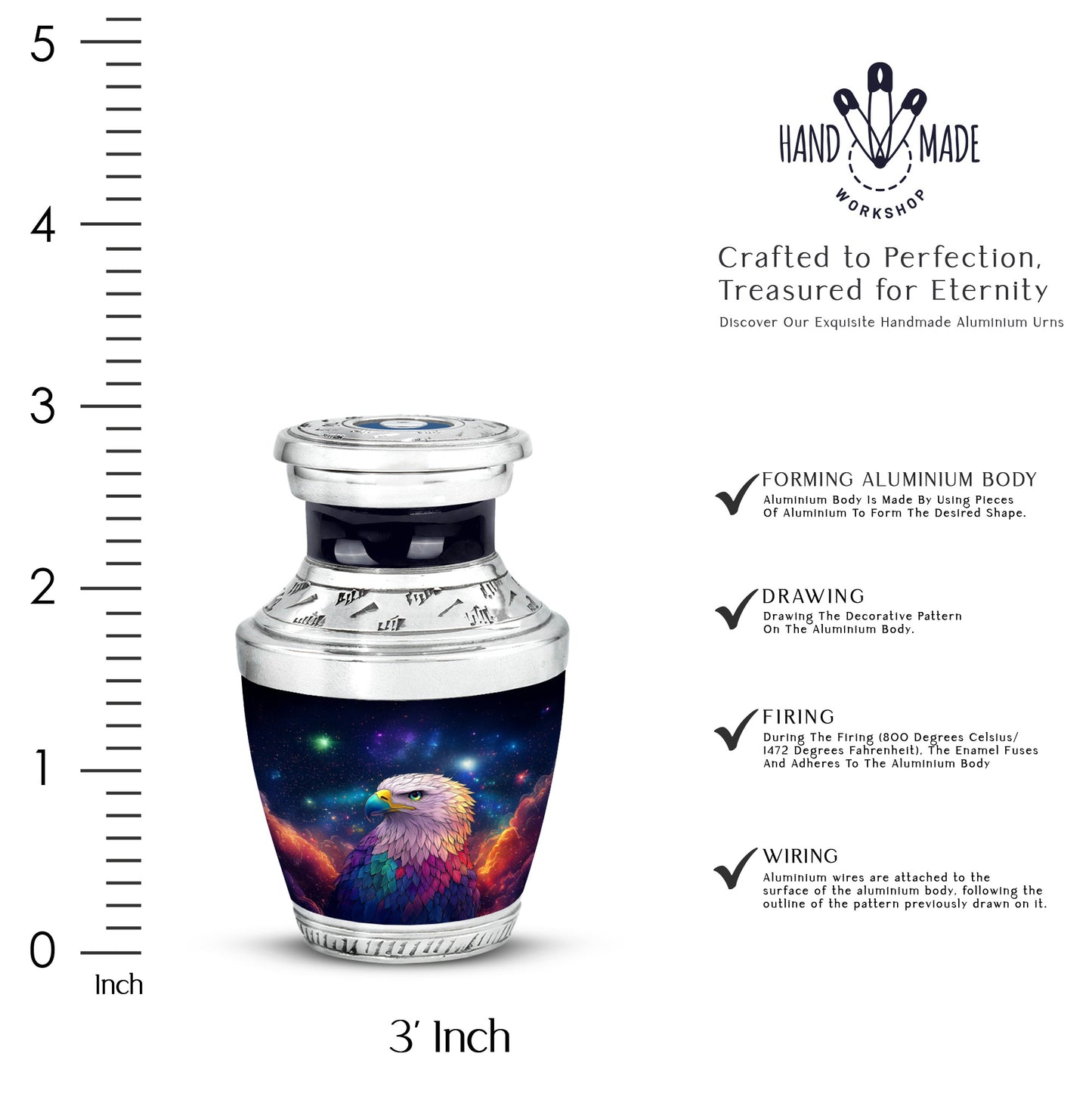 Bright Blue Eagle Cremation Urn top-down view of secure threaded lid - stylized abstract eagle pattern with bold lines - mini keepsake memorial for portion of cremation ashes