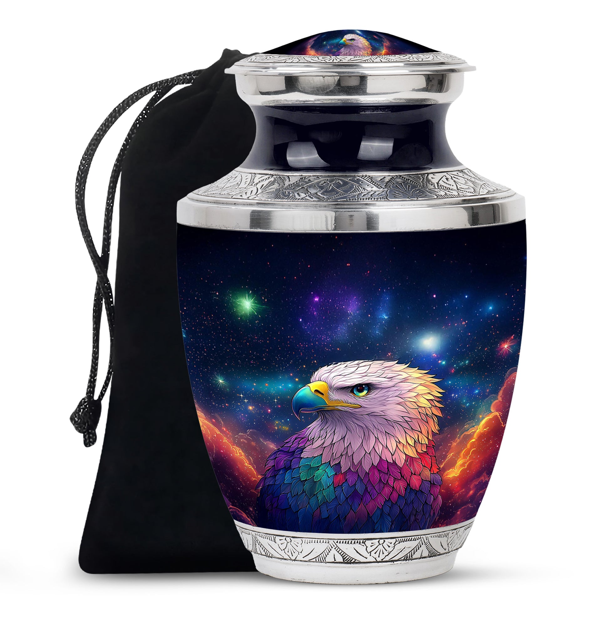 Serene Blue Eagle Cremation Urn side profile showing urn shape - stylized abstract eagle pattern with bold lines - full-size 10 inch 200 cubic inch adult cremation urn