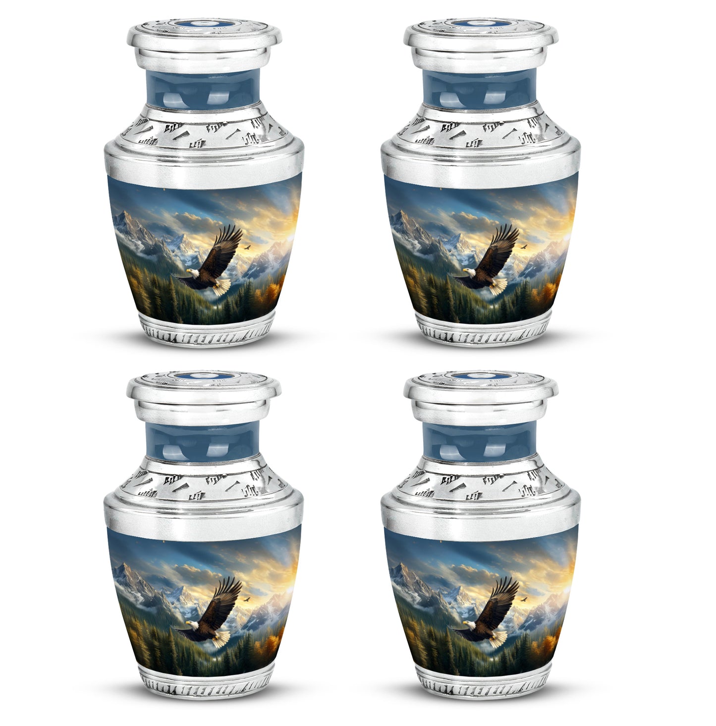 Sky Blue Eagle Cremation Urn back view with polished surface - modern art-inspired eagle motif on sleek aluminum - 10 inch aluminum urn for cremated remains