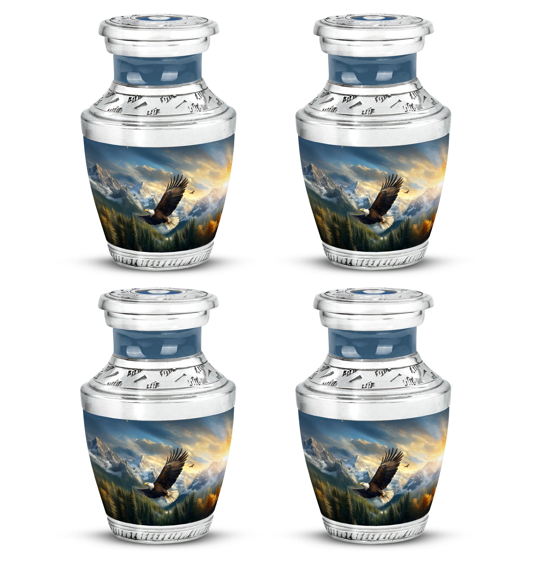 Sky Blue Eagle Cremation Urn back view with polished surface - modern art-inspired eagle motif on sleek aluminum - 10 inch aluminum urn for cremated remains