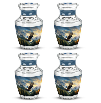 Sky Blue Eagle Cremation Urn back view with polished surface - modern art-inspired eagle motif on sleek aluminum - 10 inch aluminum urn for cremated remains