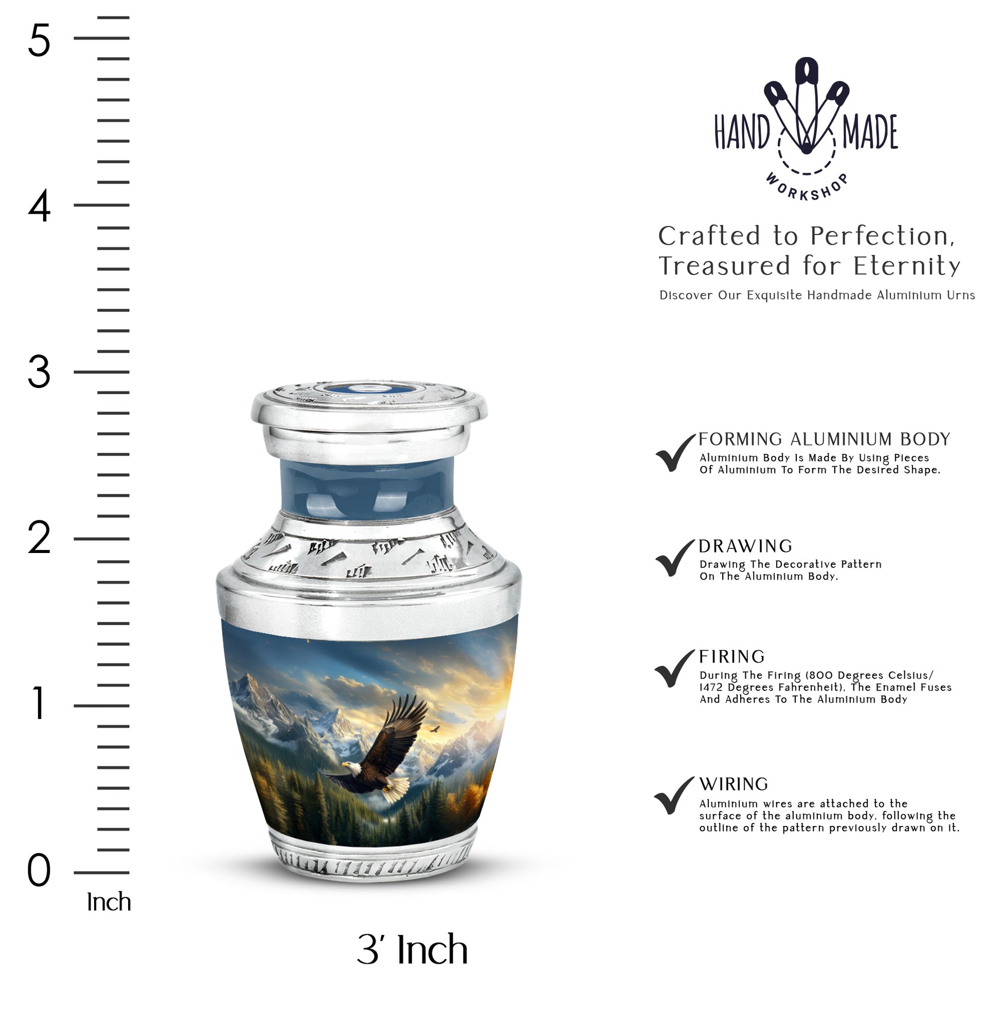 Cornflower Blue Eagle Cremation Urn top-down view of secure threaded lid - stylized abstract eagle pattern with bold lines - mini keepsake memorial for portion of cremation ashes