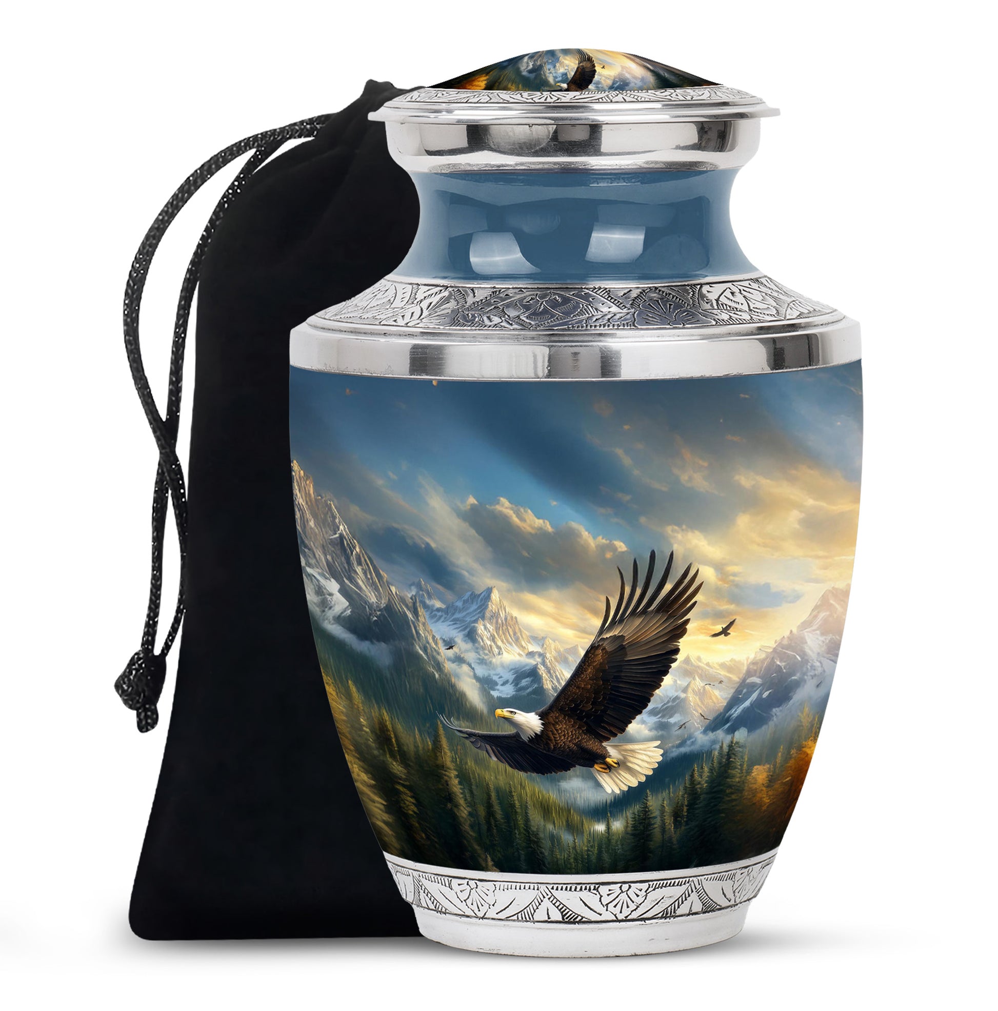Bright Blue Eagle Cremation Urn side profile showing urn shape - artistic eagle interpretation with creative detail - full-size 10 inch 200 cubic inch adult cremation urn