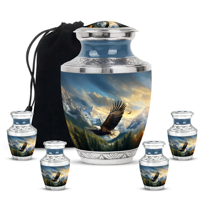 Sapphire Blue Eagle Cremation Urn lifestyle display on memorial shelf - stylized abstract eagle pattern with bold lines - memorial set with one large and four small urns