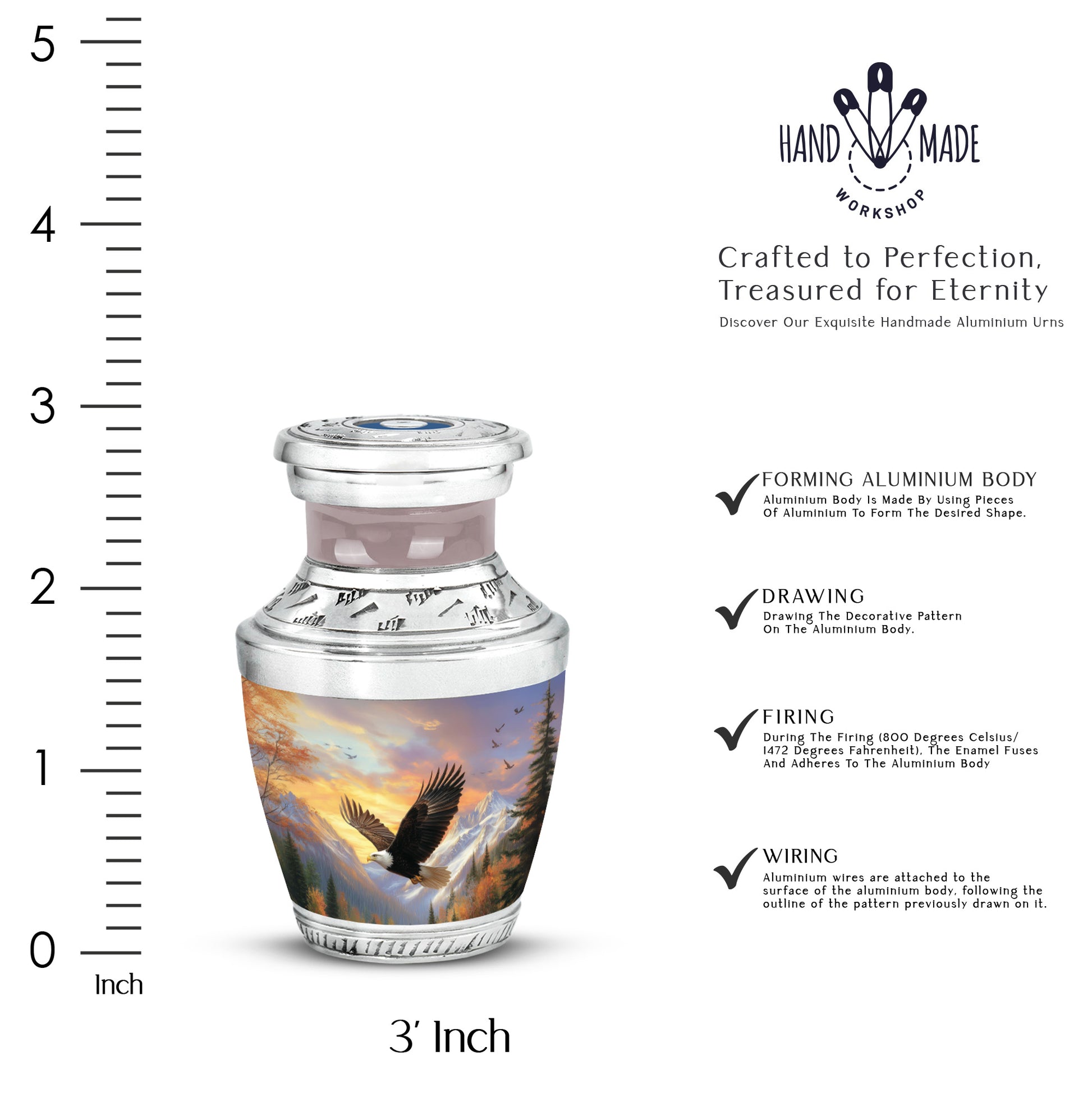 Rose Pink Eagle Cremation Urn top-down view of secure threaded lid - contemporary eagle design with modern artistic flair - mini keepsake memorial for portion of cremation ashes
