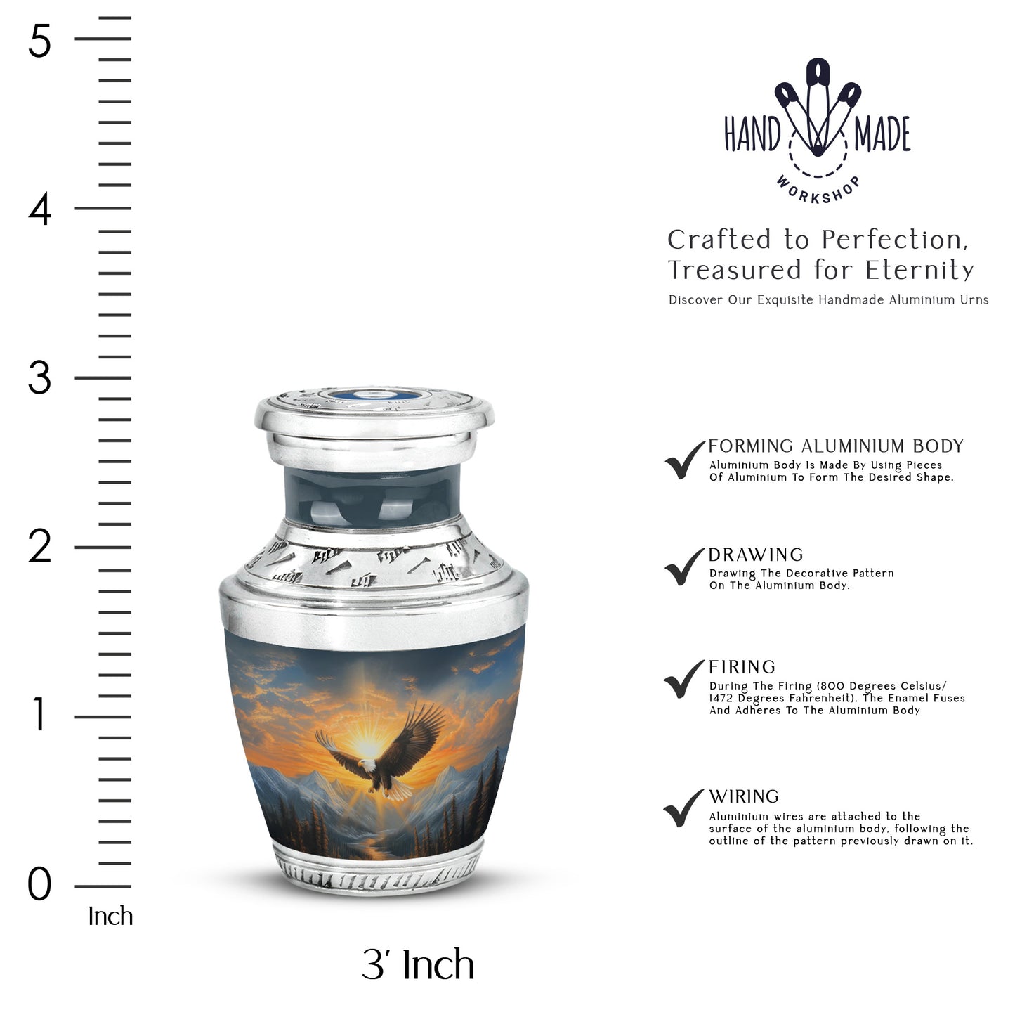 Cornflower Blue Eagle Cremation Urn top-down view of secure threaded lid - stylized abstract eagle pattern with bold lines - mini keepsake memorial for portion of cremation ashes