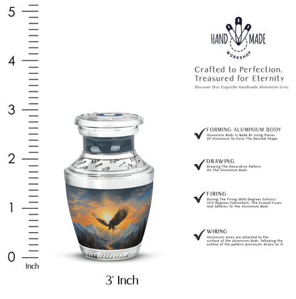 Cornflower Blue Eagle Cremation Urn top-down view of secure threaded lid - stylized abstract eagle pattern with bold lines - mini keepsake memorial for portion of cremation ashes