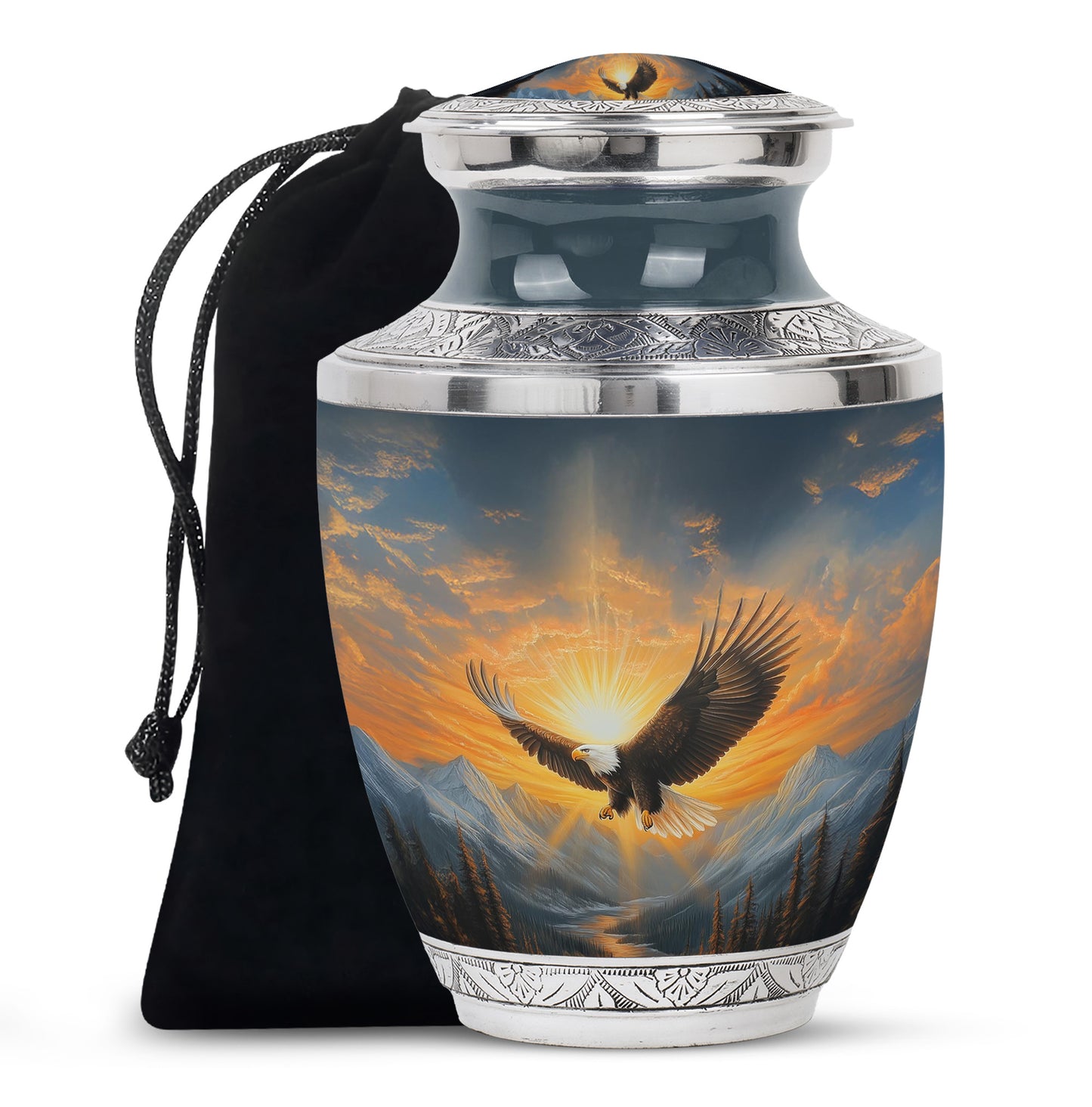 Bright Blue Eagle Cremation Urn side profile showing urn shape - artistic eagle interpretation with creative detail - full-size 10 inch 200 cubic inch adult cremation urn
