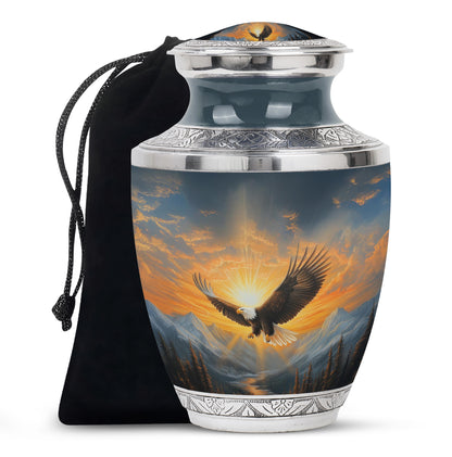 Bright Blue Eagle Cremation Urn side profile showing urn shape - artistic eagle interpretation with creative detail - full-size 10 inch 200 cubic inch adult cremation urn