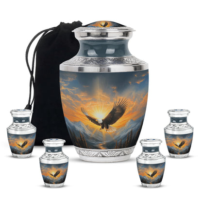 Vivid Blue Eagle Cremation Urn lifestyle display on memorial shelf - stylized abstract eagle pattern with bold lines - memorial set with one large and four small urns