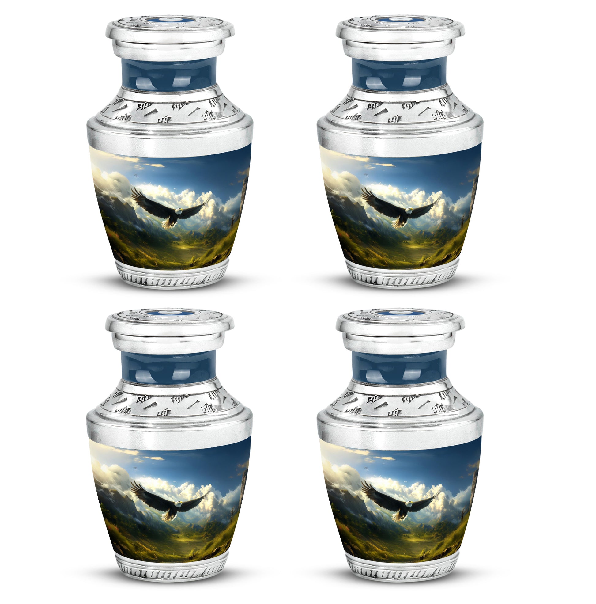 Indigo Eagle Cremation Urn back view with polished surface - contemporary eagle design with modern artistic flair - 10 inch aluminum urn for cremated remains