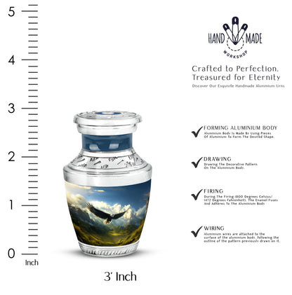 Slate Blue Eagle Cremation Urn top-down view of secure threaded lid - modern art-inspired eagle motif on sleek aluminum - mini keepsake memorial for portion of cremation ashes
