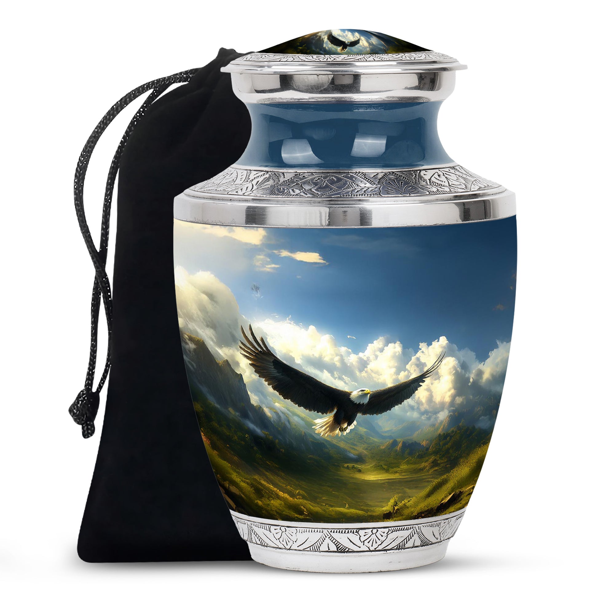 Indigo Eagle Cremation Urn side profile showing urn shape - contemporary eagle design with modern artistic flair - full-size 10 inch 200 cubic inch adult cremation urn