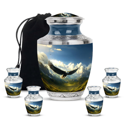 Dusty Blue Eagle Cremation Urn lifestyle display on memorial shelf - modern art-inspired eagle motif on sleek aluminum - memorial set with one large and four small urns