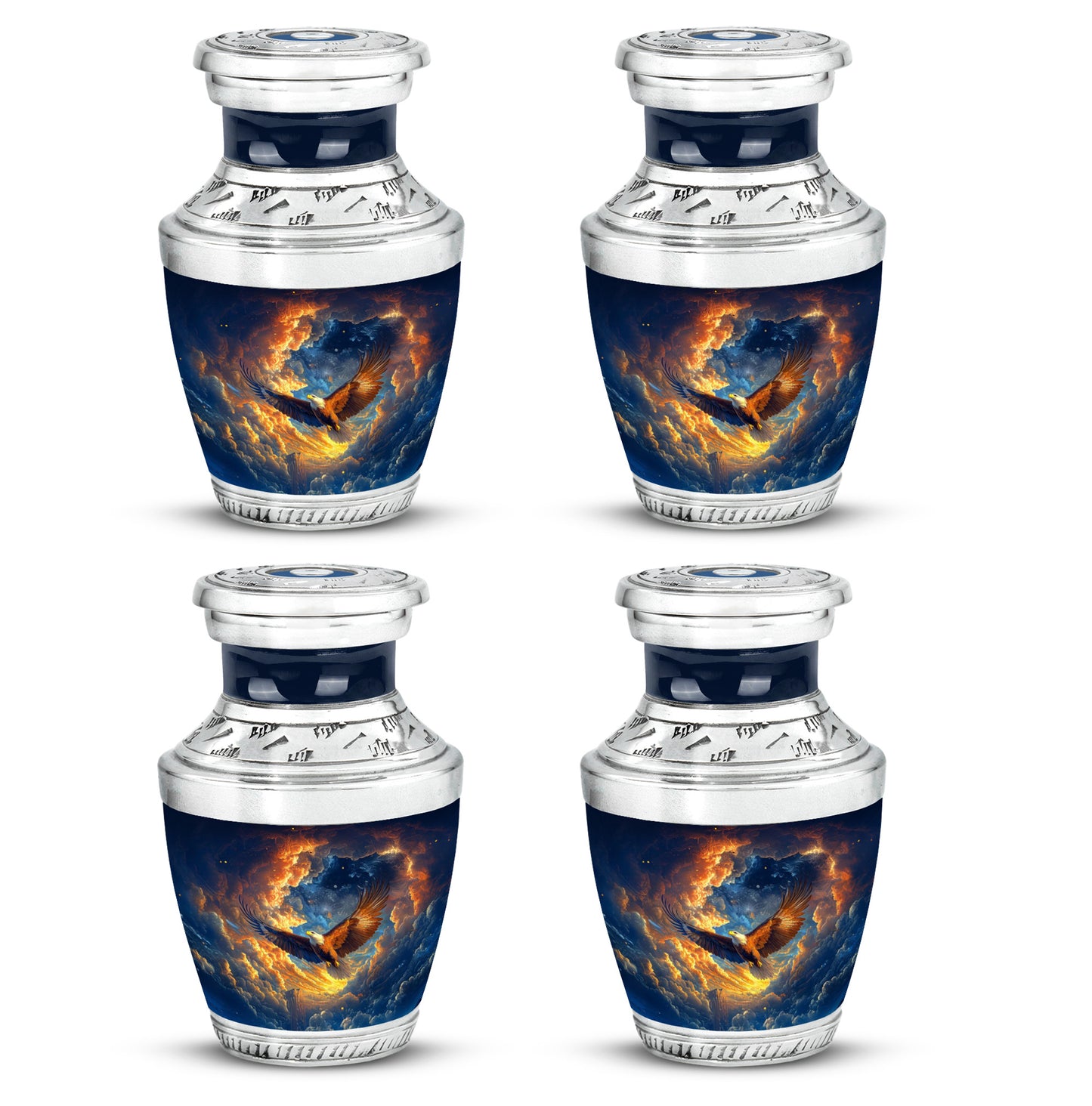 Soft Blue Eagle Cremation Urn back view with polished surface - stylized abstract eagle pattern with bold lines - 10 inch aluminum urn for cremated remains