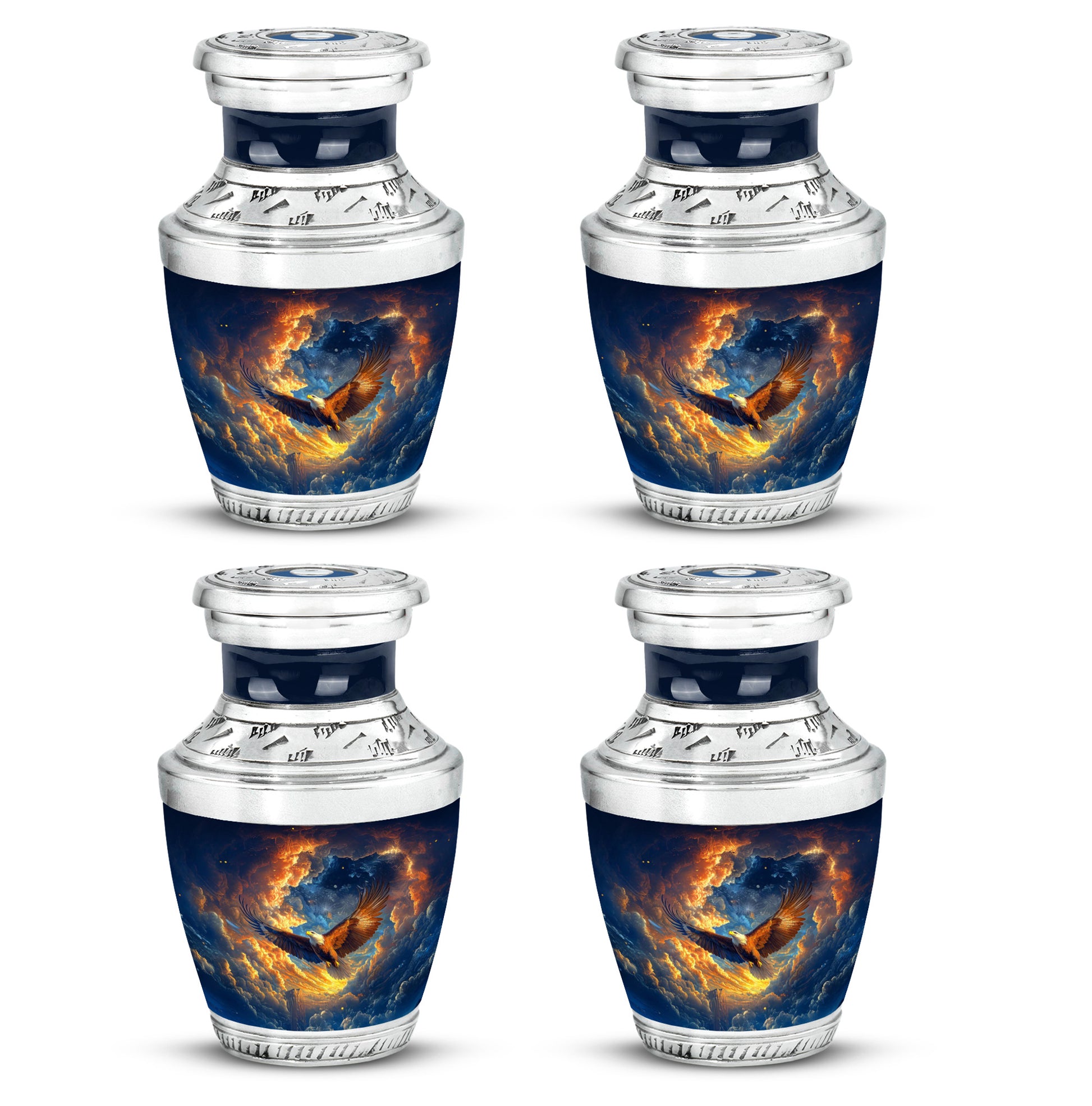 Soft Blue Eagle Cremation Urn back view with polished surface - stylized abstract eagle pattern with bold lines - 10 inch aluminum urn for cremated remains
