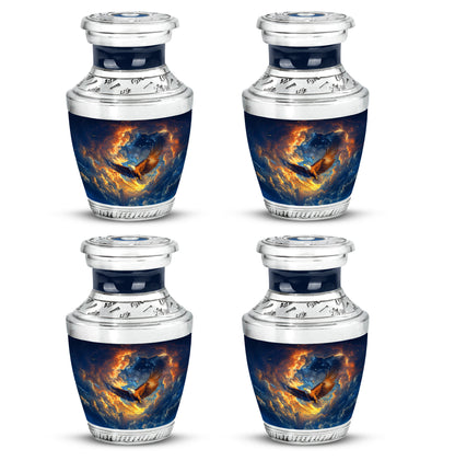 Soft Blue Eagle Cremation Urn back view with polished surface - stylized abstract eagle pattern with bold lines - 10 inch aluminum urn for cremated remains