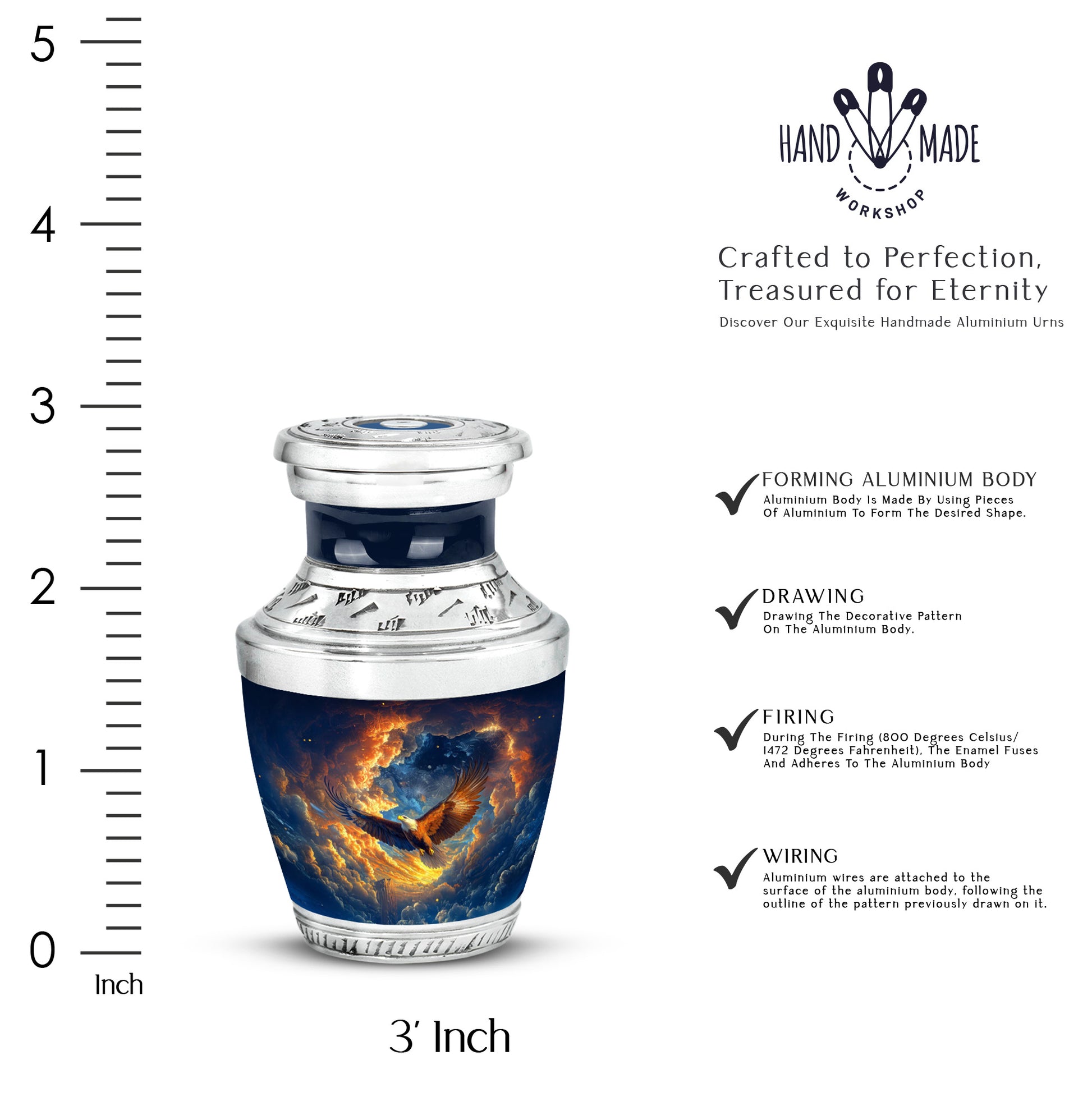 Indigo Eagle Cremation Urn top-down view of secure threaded lid - contemporary eagle design with modern artistic flair - mini keepsake memorial for portion of cremation ashes