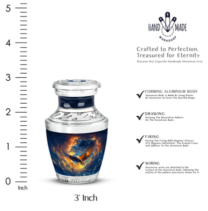 Indigo Eagle Cremation Urn top-down view of secure threaded lid - contemporary eagle design with modern artistic flair - mini keepsake memorial for portion of cremation ashes