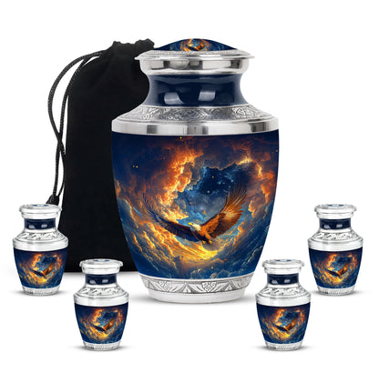 Icy Blue Eagle Cremation Urn lifestyle display on memorial shelf - contemporary eagle design with modern artistic flair - memorial set with one large and four small urns