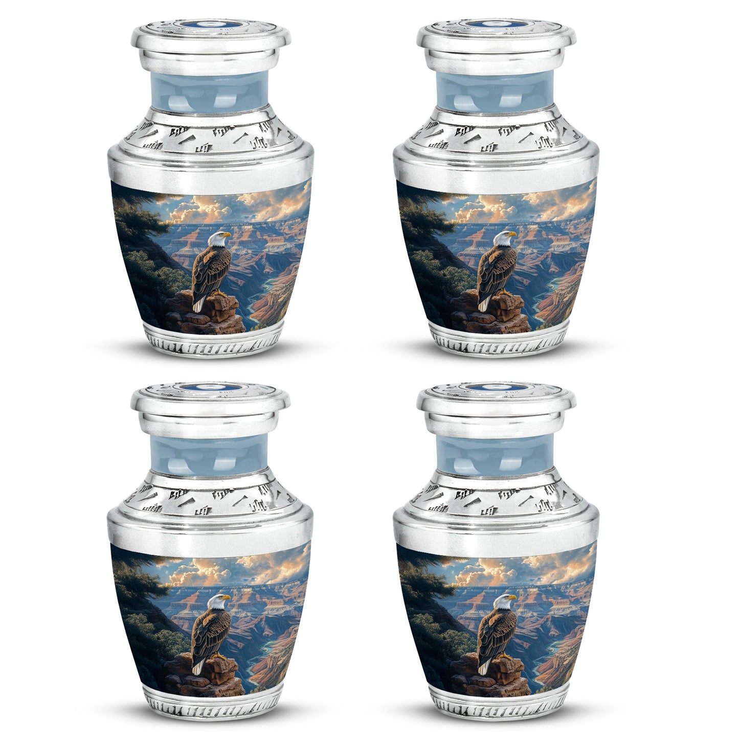 Serene Blue Eagle Cremation Urn back view with polished surface - artistic eagle interpretation with creative detail - 10 inch aluminum urn for cremated remains