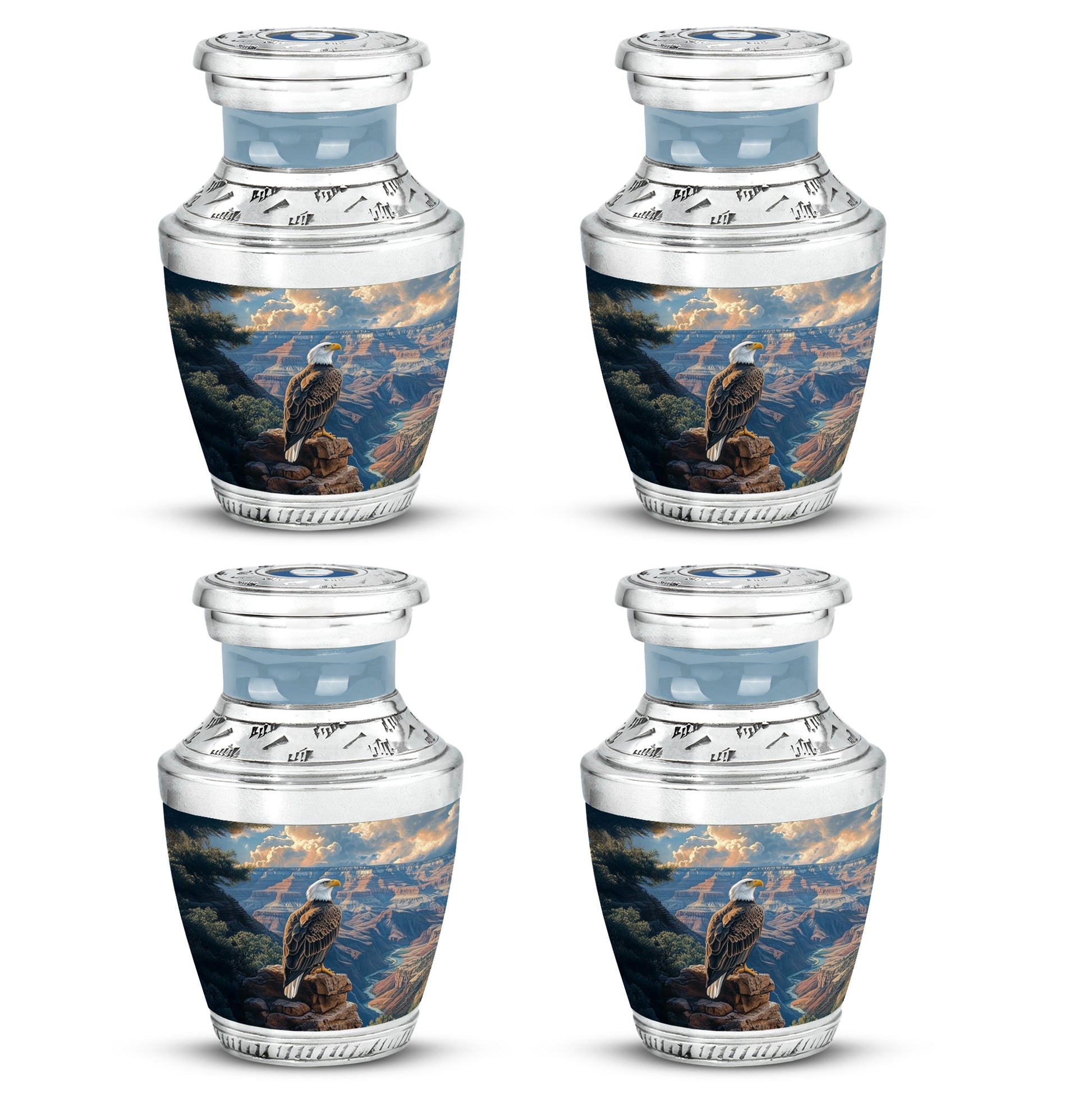 Serene Blue Eagle Cremation Urn back view with polished surface - artistic eagle interpretation with creative detail - 10 inch aluminum urn for cremated remains