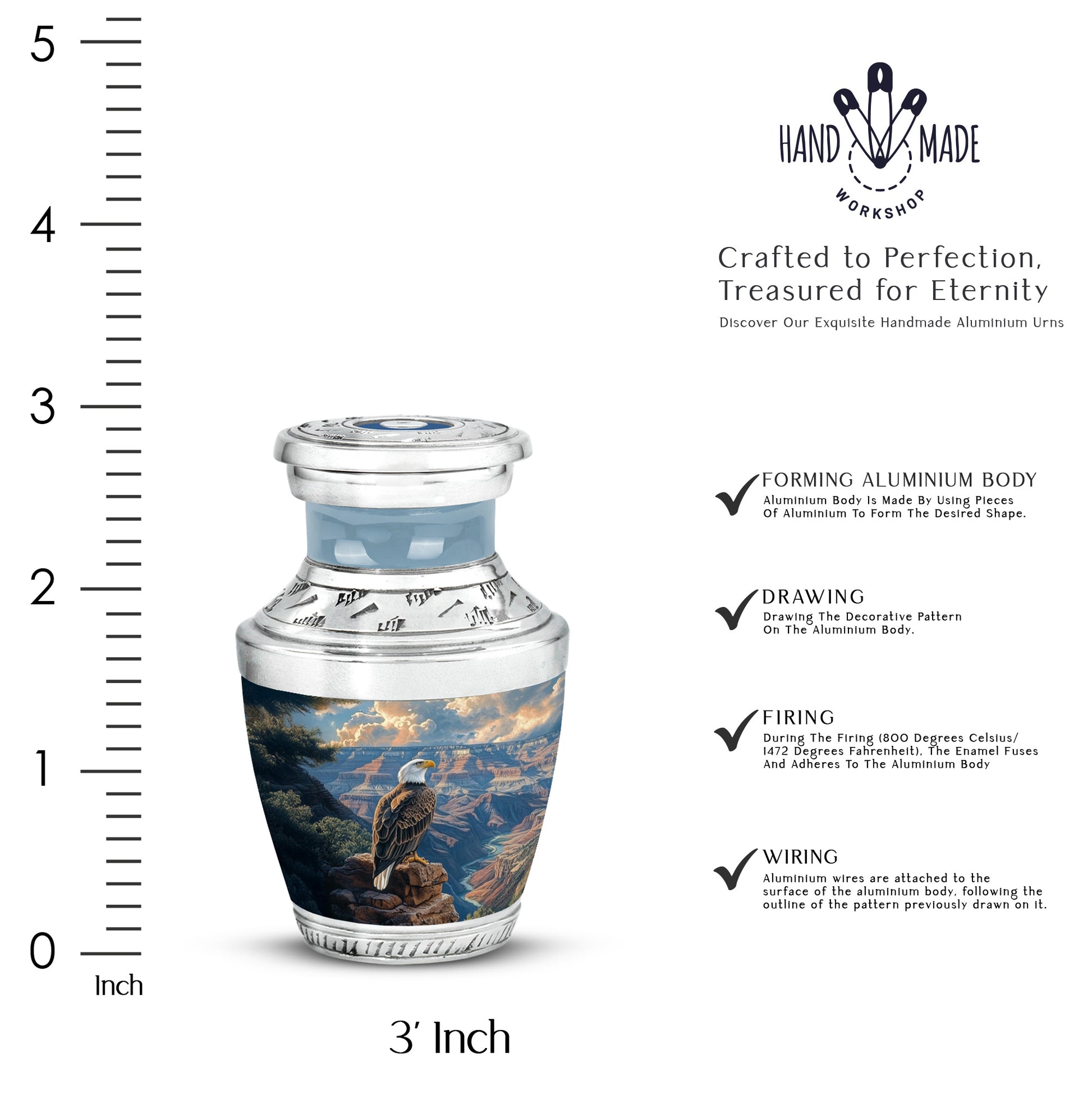 Twilight Blue Eagle Cremation Urn top-down view of secure threaded lid - stylized abstract eagle pattern with bold lines - mini keepsake memorial for portion of cremation ashes
