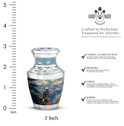 Twilight Blue Eagle Cremation Urn top-down view of secure threaded lid - stylized abstract eagle pattern with bold lines - mini keepsake memorial for portion of cremation ashes