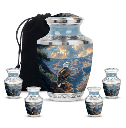 Slate Blue Eagle Cremation Urn lifestyle display on memorial shelf - modern art-inspired eagle motif on sleek aluminum - memorial set with one large and four small urns